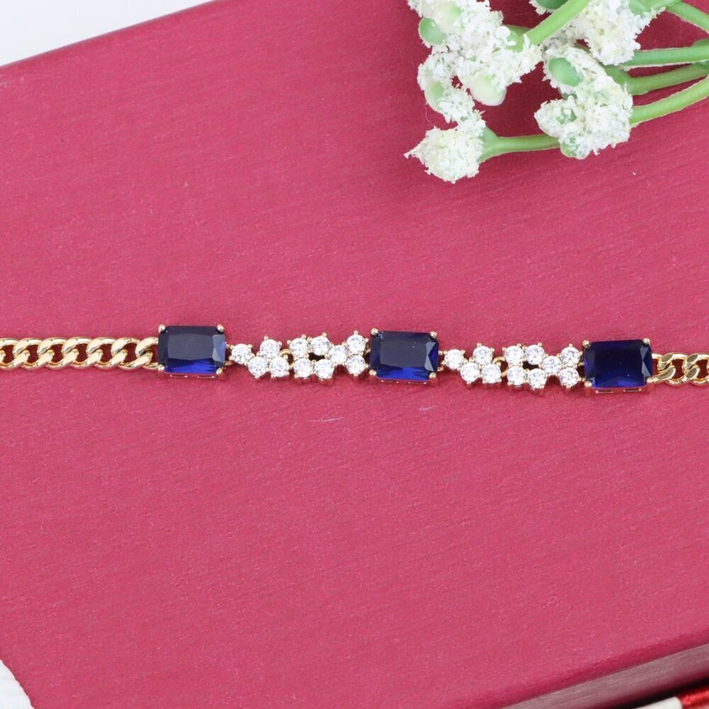 Rose Gold Chain Bracelet with Blue Emerald Cut & CZ, Luxe Contrast Look,XPBL0746
